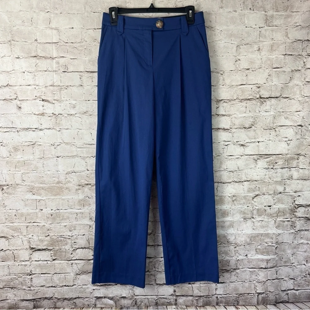 Sezane Women's Size FR 34 Blue Straight Leg Pants Tortoiseshell Button Viscose
